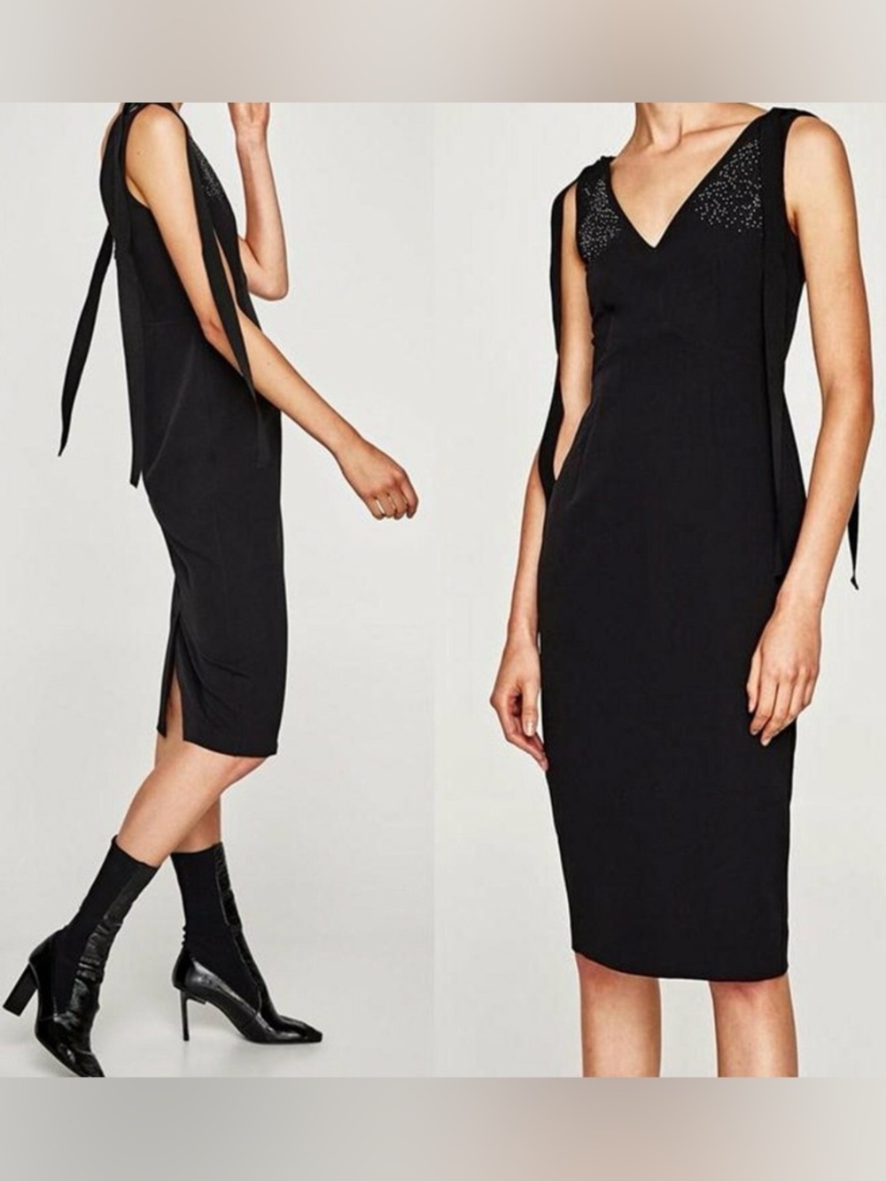 Zara Basic Black Rhinestone Embellishment Ribbon Strap MIDI Dress Large